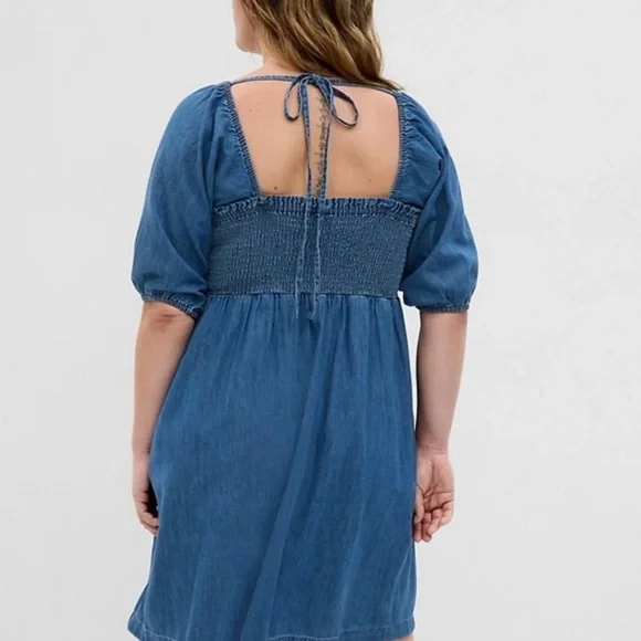 NWT Gap Cotton puff sleeve smocked denim boho y2k Cottagecore mini dress XLT - Picture 2 of 8